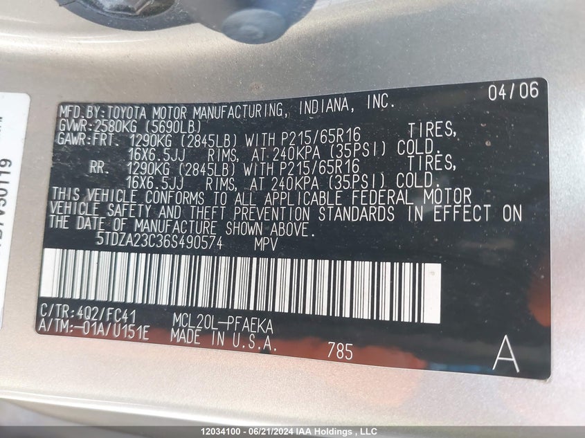 2006 Toyota Sienna Ce/Le VIN: 5TDZA23C36S490574 Lot: 12034100