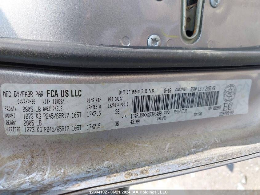 2019 Jeep Cherokee Trailhawk VIN: 1C4PJMBXXKD306499 Lot: 12034102