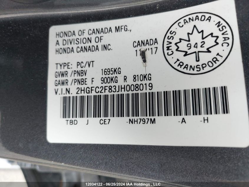 2018 Honda Civic Ex VIN: 2HGFC2F83JH008019 Lot: 12034122