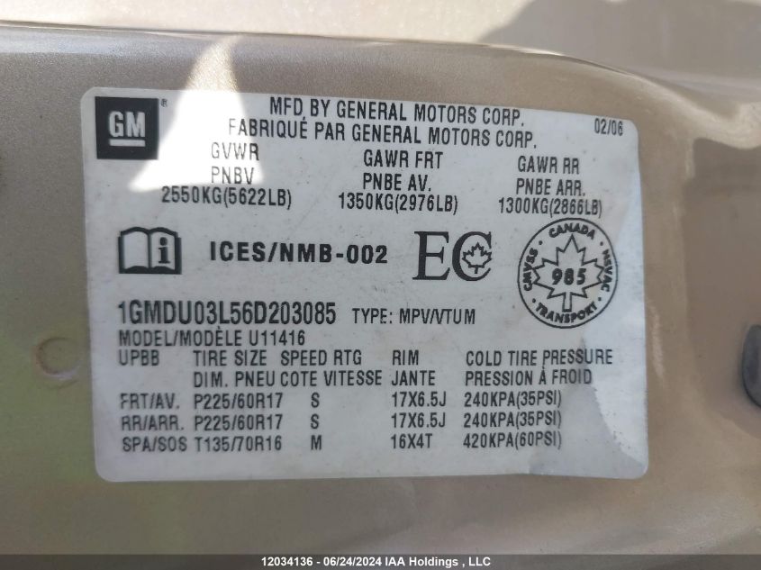 2006 Pontiac Montana Sv6 VIN: 1GMDU03L56D203085 Lot: 12034136