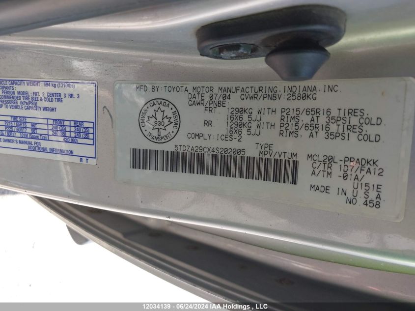 2004 Toyota Sienna Ce VIN: 5TDZA29CX4S202005 Lot: 12034139