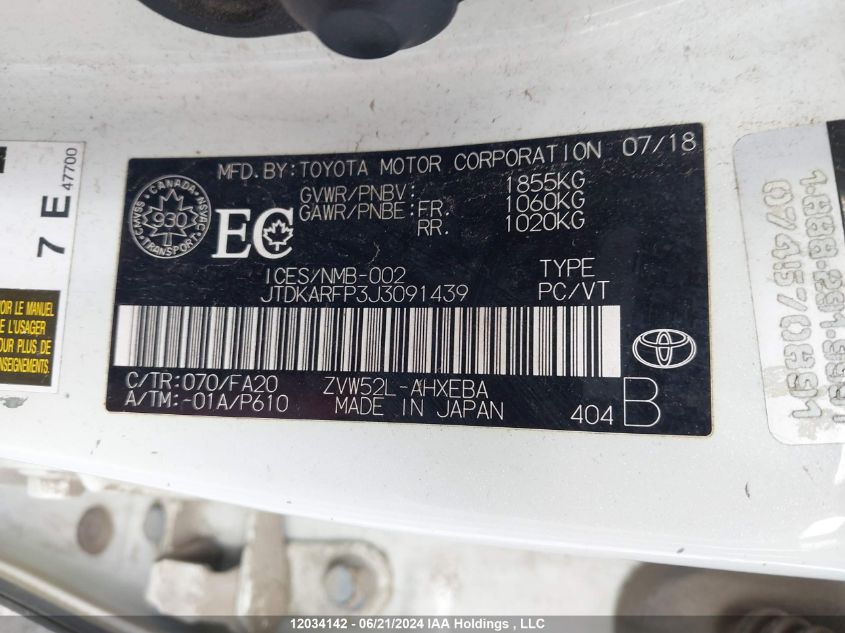 2018 Toyota Prius Prime VIN: JTDKARFP3J3091439 Lot: 12034142