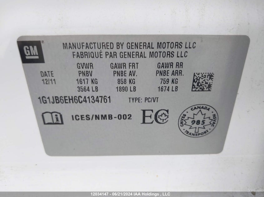 2012 Chevrolet Sonic Ls VIN: 1G1JB6EH6C4134761 Lot: 12034147