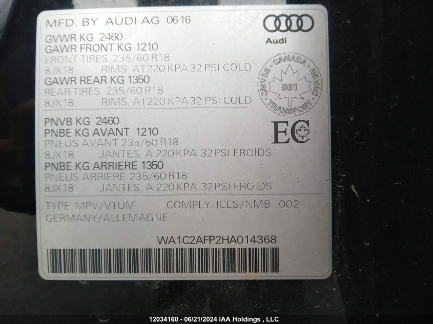 2017 Audi Q5 VIN: WA1C2AFP2HA014368 Lot: 12034160