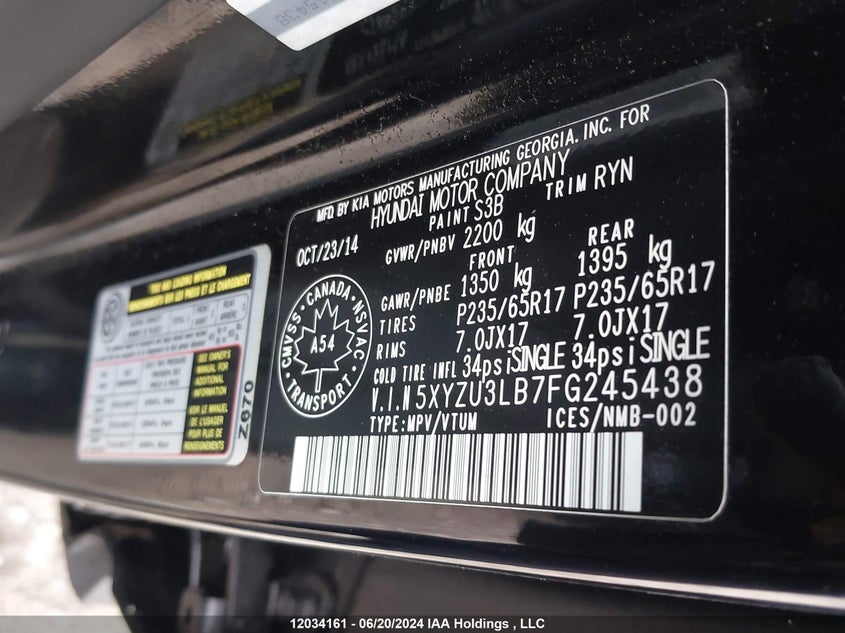 2015 Hyundai Santa Fe Sport VIN: 5XYZU3LB7FG245438 Lot: 12034161