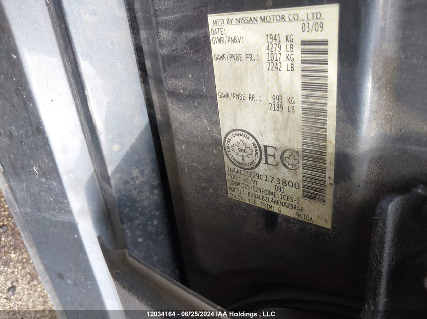 2009 Nissan Altima 2.5/2.5S VIN: 1N4AL21E29C173800 Lot: 12034164