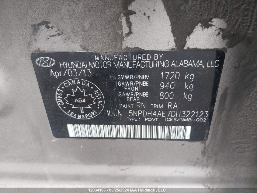 2013 Hyundai Elantra Gls/Limited VIN: 5NPDH4AE7DH322123 Lot: 12034165