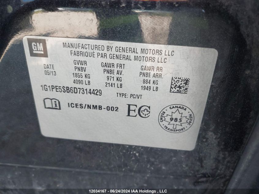 2013 Chevrolet Cruze VIN: 1G1PE5SB6D7314429 Lot: 12034167