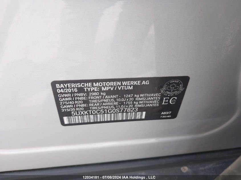 2016 BMW X5 VIN: 5UXKT0C51G0S77823 Lot: 12034181