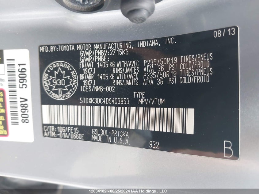 2013 Toyota Sienna VIN: 5TDXK3DC4DS403853 Lot: 12034182