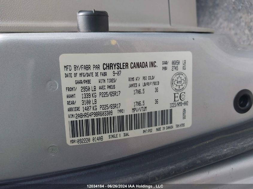 2008 Chrysler Town & Country VIN: 2A8HR54P98R603309 Lot: 12034184