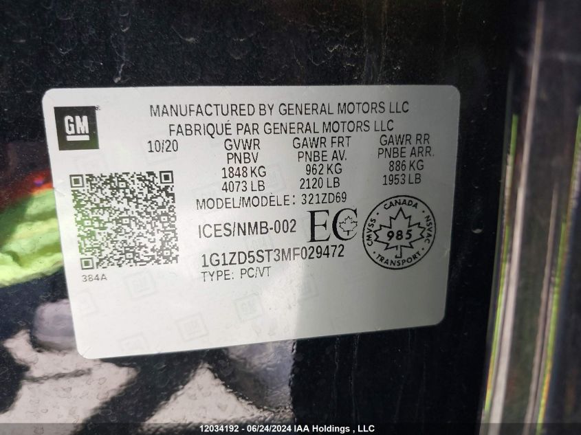 2021 Chevrolet Malibu VIN: 1G1ZD5ST3MF029472 Lot: 12034192