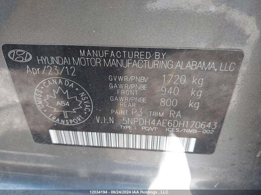 2013 Hyundai Elantra Gls/Limited VIN: 5NPDH4AE6DH170643 Lot: 12034194