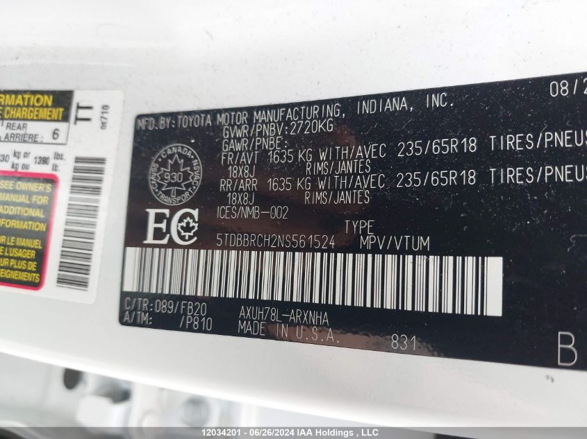 2022 Toyota Highlander Hybrid Le VIN: 5TDBBRCH2NS561524 Lot: 12034201