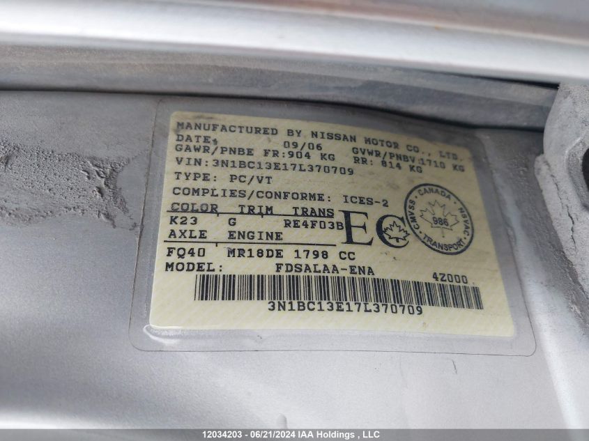 2007 Nissan Versa VIN: 3N1BC13E17L370709 Lot: 12034203