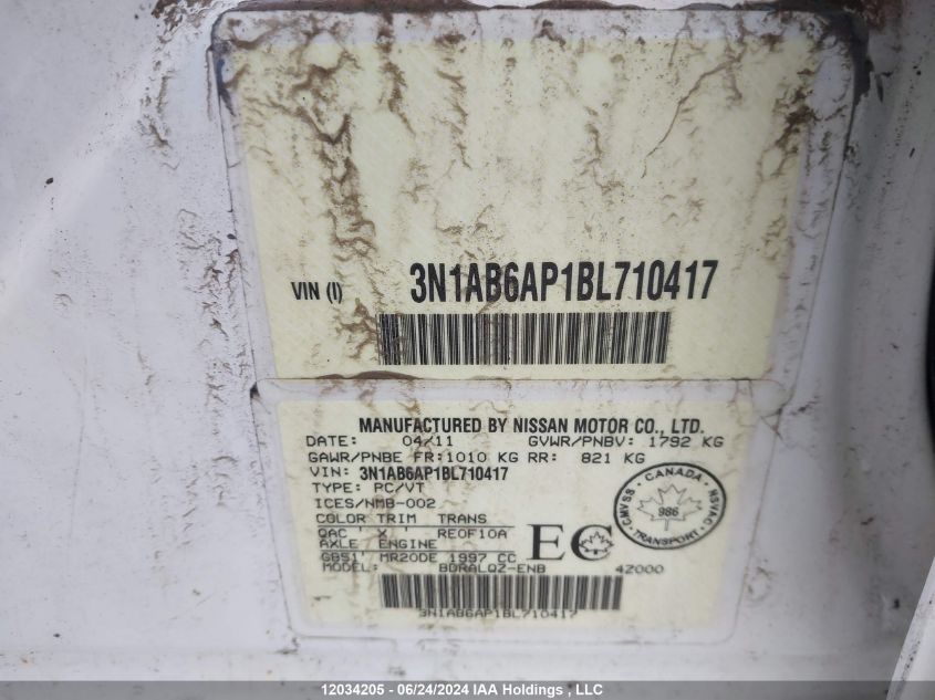 2011 Nissan Sentra 2.0 VIN: 3N1AB6AP1BL710417 Lot: 12034205