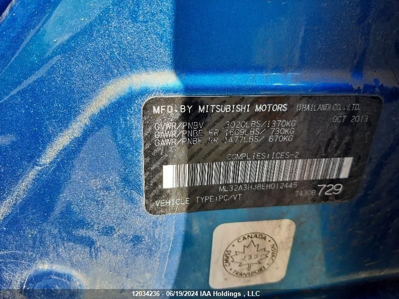 2014 Mitsubishi Mirage De VIN: ML32A3HJ8EH012445 Lot: 12034236