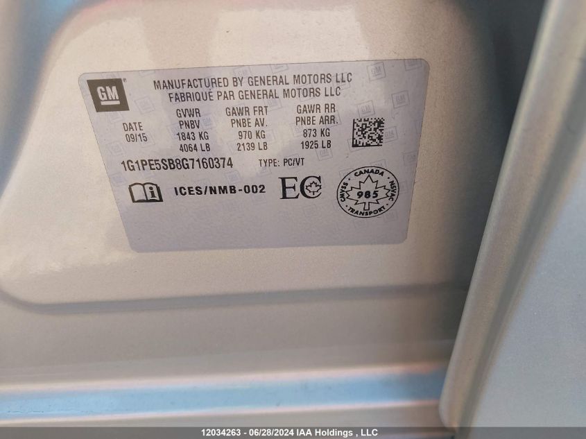 2016 Chevrolet Cruze VIN: 1G1PE5SB8G7160374 Lot: 12034263