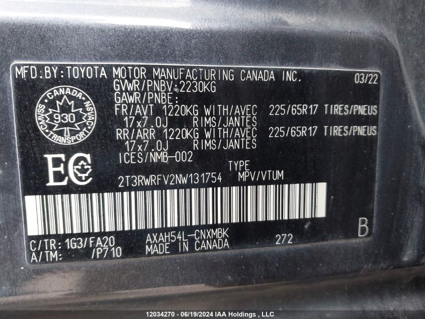 2022 Toyota Rav4 Hybrid Xle VIN: 2T3RWRFV2NW131754 Lot: 12034270