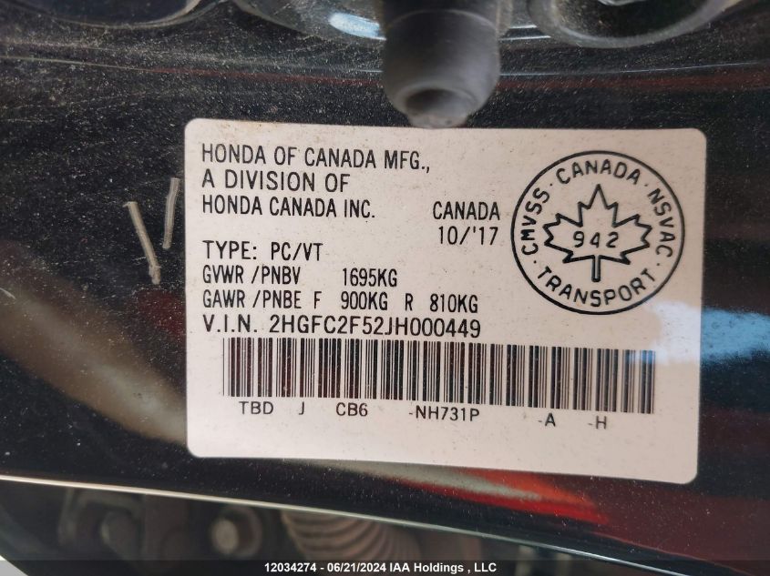 2018 Honda Civic Sedan VIN: 2HGFC2F52JH000449 Lot: 12034274