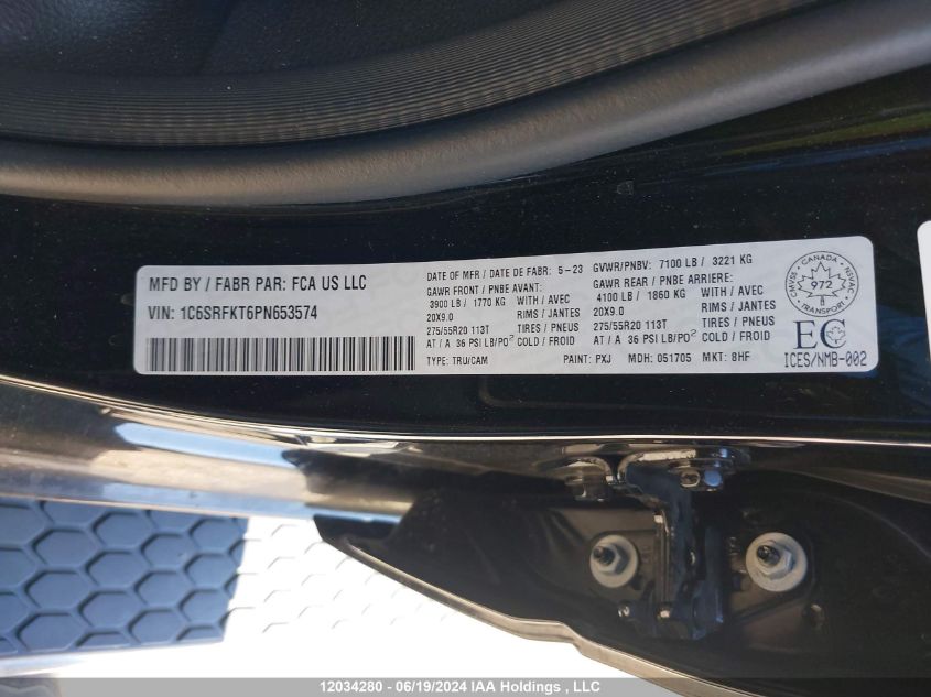 2023 Ram 1500 Longhorn VIN: 1C6SRFKT6PN653574 Lot: 12034280