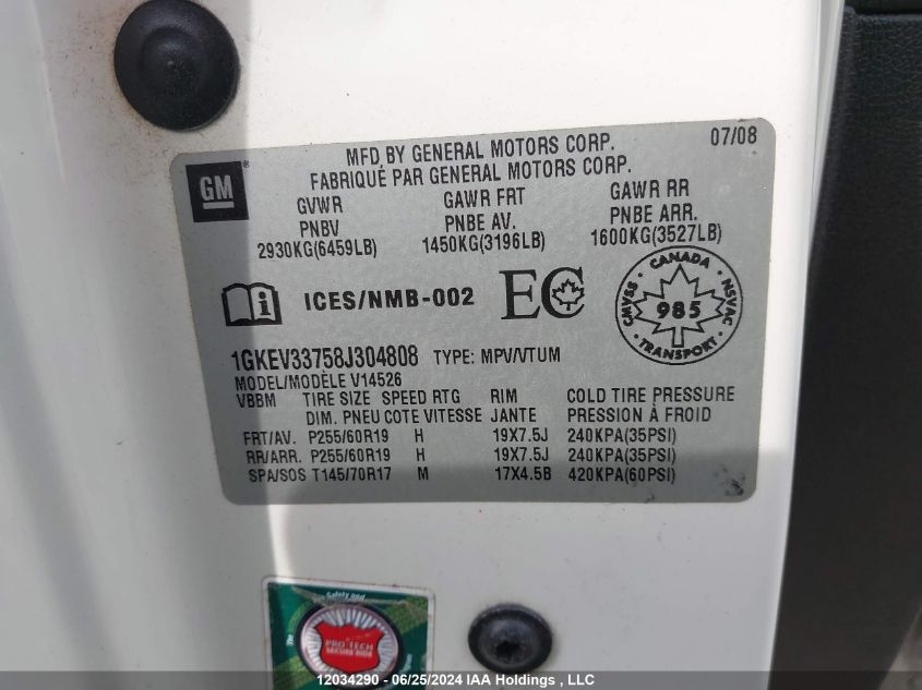 2008 GMC Acadia VIN: 1GKEV33758J304808 Lot: 12034290