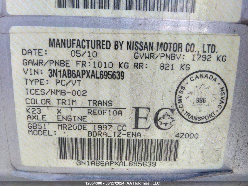 2010 Nissan Sentra VIN: 3N1AB6APXAL695639 Lot: 12034300