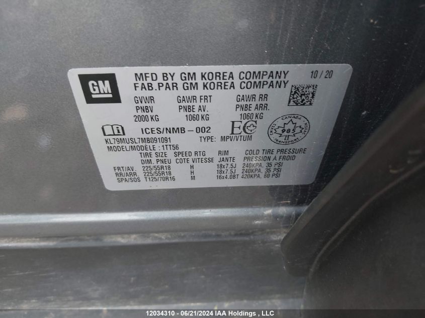 2021 Chevrolet Trailblazer VIN: KL79MUSL7MB091091 Lot: 12034310