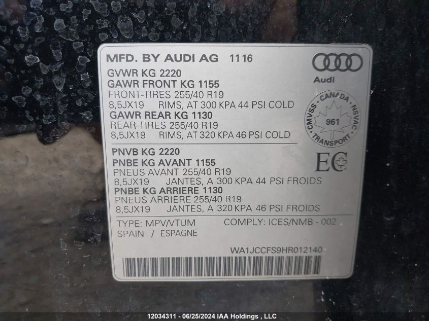 2017 Audi Q3 VIN: WA1JCCFS9HR012140 Lot: 12034311