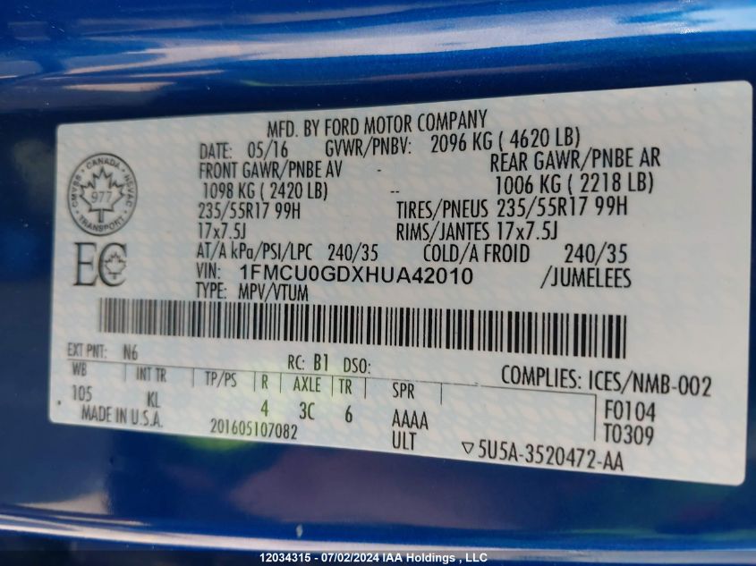 2017 Ford Escape Se VIN: 1FMCU0GDXHUA42010 Lot: 12034315