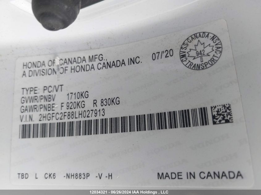 2020 Honda Civic Sedan VIN: 2HGFC2F88LH027913 Lot: 12034321
