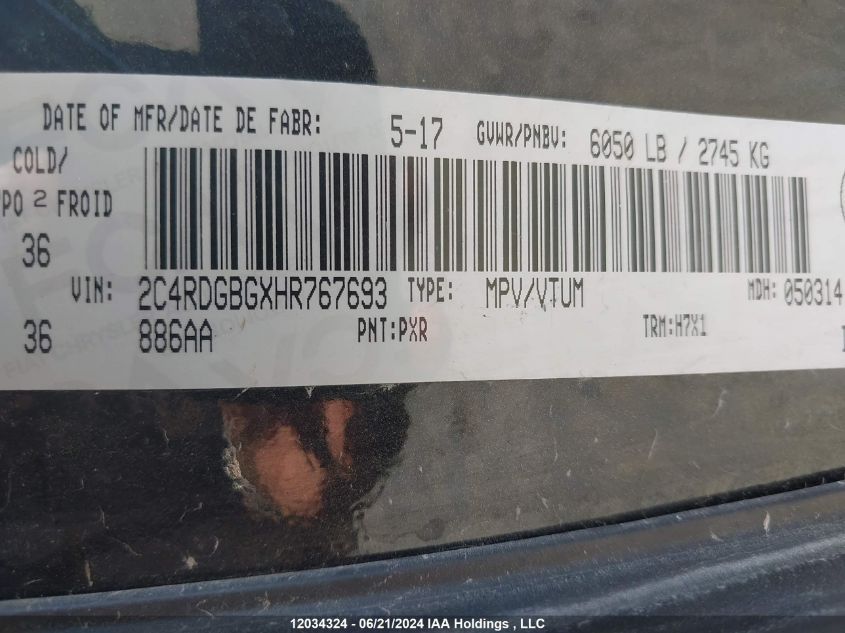 2017 Dodge Grand Caravan Se VIN: 2C4RDGBGXHR767693 Lot: 12034324