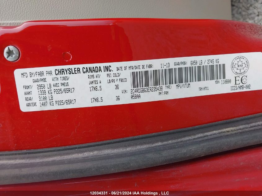 2014 Dodge Grand Caravan Se/Sxt VIN: 2C4RDGBG3ER235438 Lot: 12034331