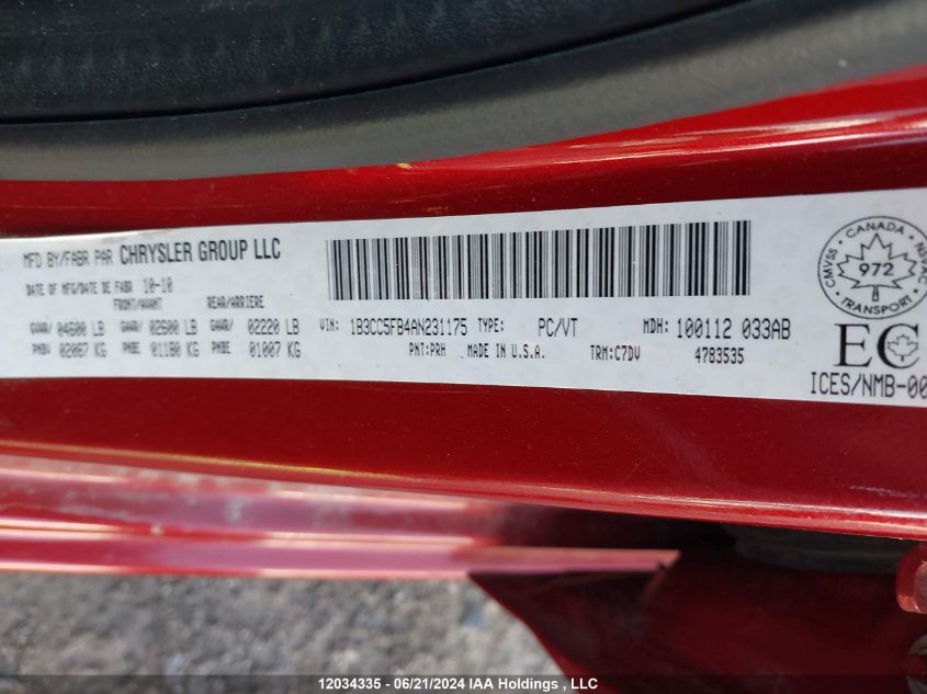 2010 Dodge Avenger Sxt VIN: 1B3CC5FB4AN231175 Lot: 12034335