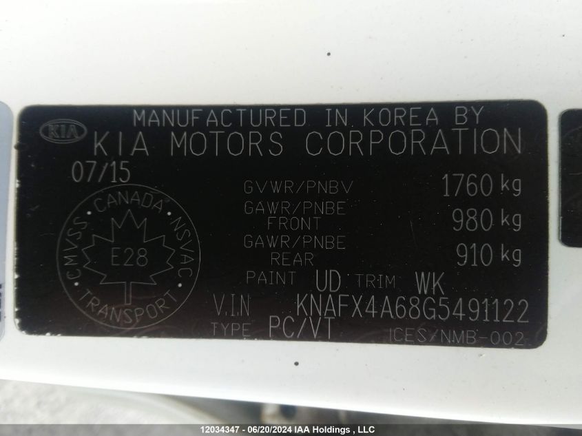 2016 Kia Forte VIN: KNAFX4A68G5491122 Lot: 12034347