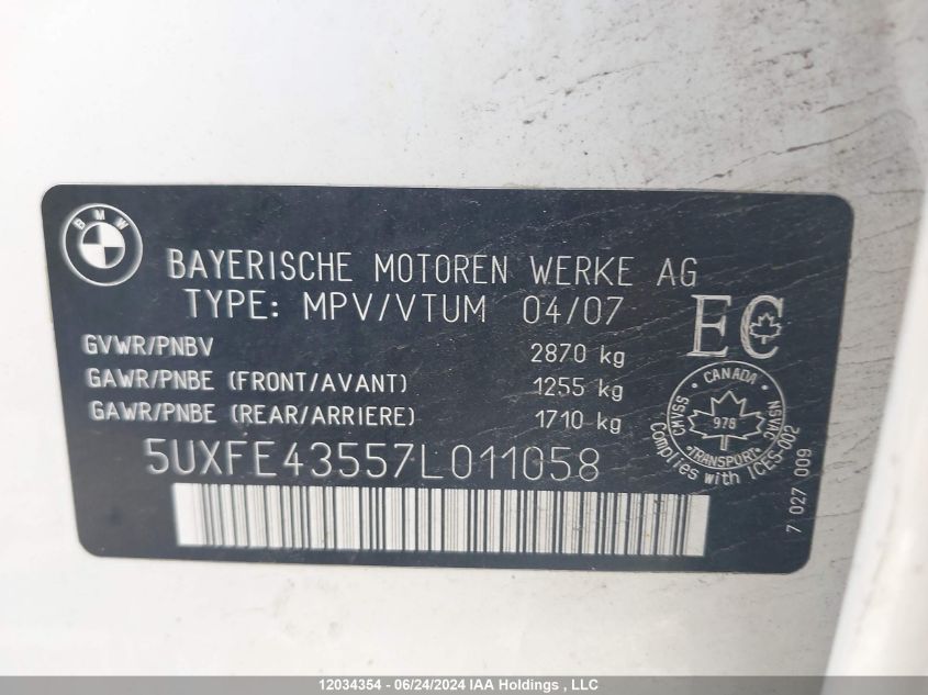2007 BMW X5 VIN: 5UXFE43557L011058 Lot: 12034354