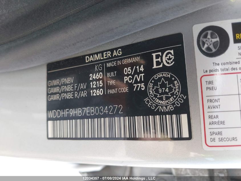 2014 Mercedes-Benz E 250 Blutc VIN: WDDHF9HB7EB034272 Lot: 12034357