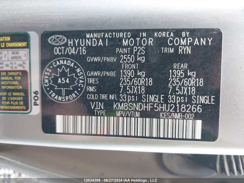 2017 Hyundai Santa Fe Xl Premium VIN: KM8SNDHF5HU218266 Lot: 12034359