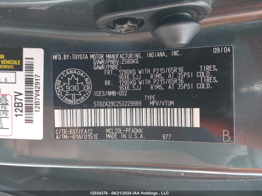 2005 Toyota Sienna Ce VIN: 5TDZA29C25S229989 Lot: 12034376