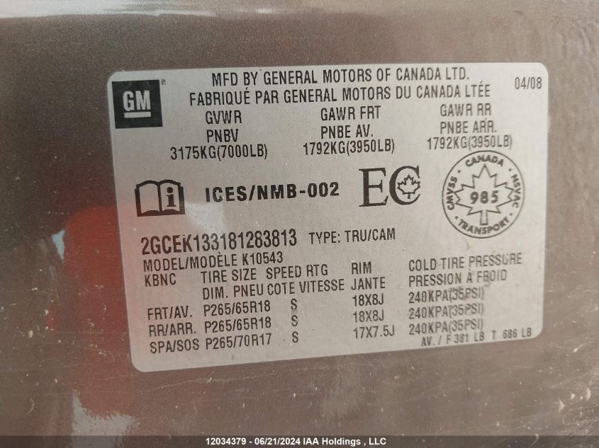 2008 Chevrolet Silverado 1500 VIN: 2GCEK133181283813 Lot: 12034379