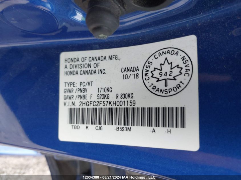2019 Honda Civic Sedan VIN: 2HGFC2F57KH001159 Lot: 12034380