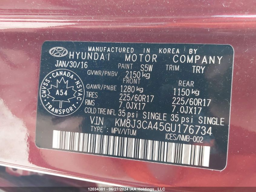 2016 Hyundai Tucson Luxury VIN: KM8J3CA45GU176734 Lot: 12034381