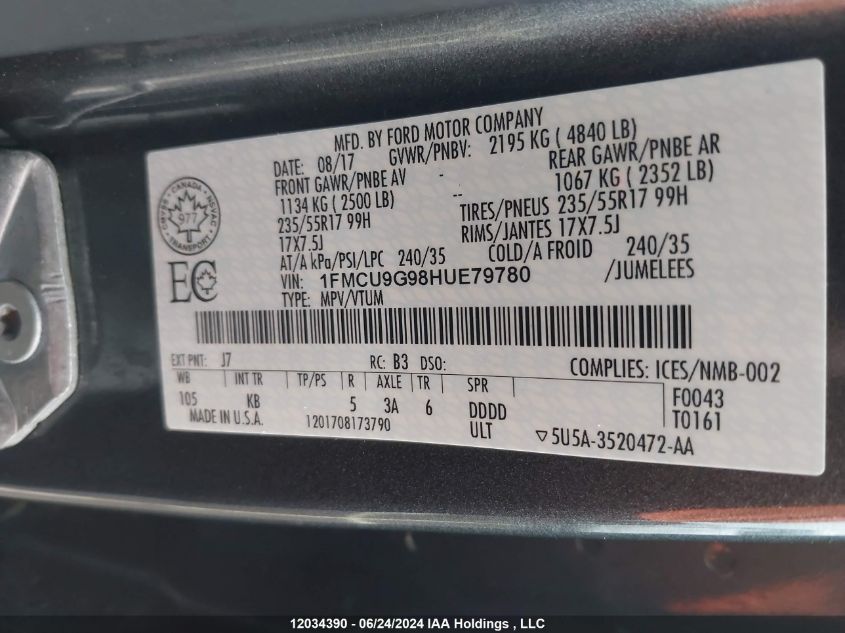 2017 Ford Escape Se VIN: 1FMCU9G98HUE79780 Lot: 12034390