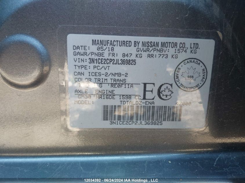 2018 Nissan Versa Note S/Sr/Sv VIN: 3N1CE2CP2JL369825 Lot: 12034392