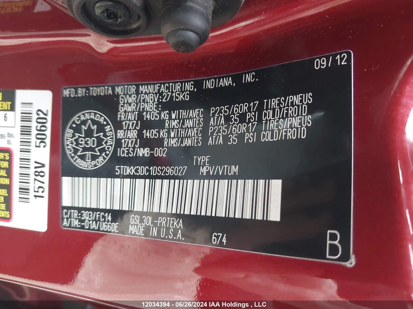 2013 Toyota Sienna Le 8 Passenger VIN: 5TDKK3DC1DS296027 Lot: 12034394