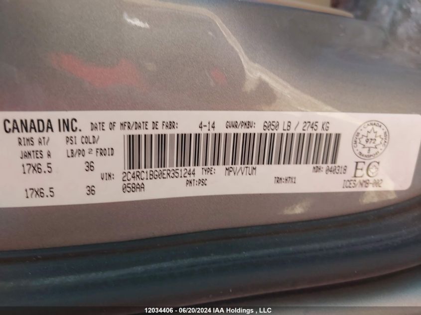 2014 Chrysler Town & Country Touring VIN: 2C4RC1BG0ER351244 Lot: 12034406