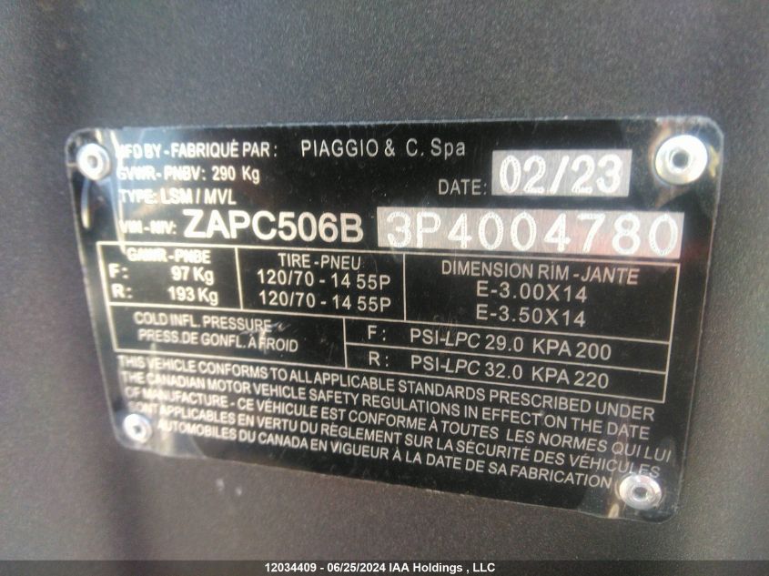 2023 Piaggio VIN: ZAPC506B3P4004780 Lot: 12034409