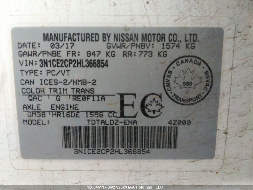 2017 Nissan Versa Note S/S Plus/Sv/Sl/Sr VIN: 3N1CE2CP2HL366854 Lot: 12034411