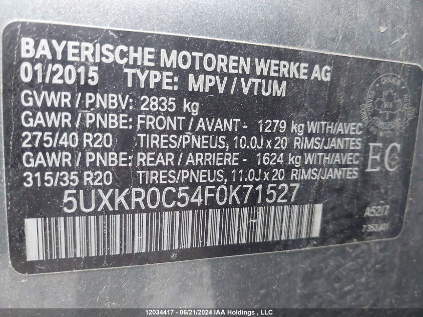 2015 BMW X5 VIN: 5UXKR0C54F0K71527 Lot: 12034417