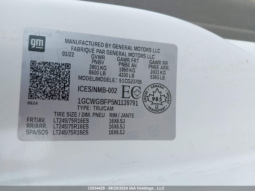 2022 Chevrolet Express Cargo Van VIN: 1GCWGBFP5N1139791 Lot: 12034429